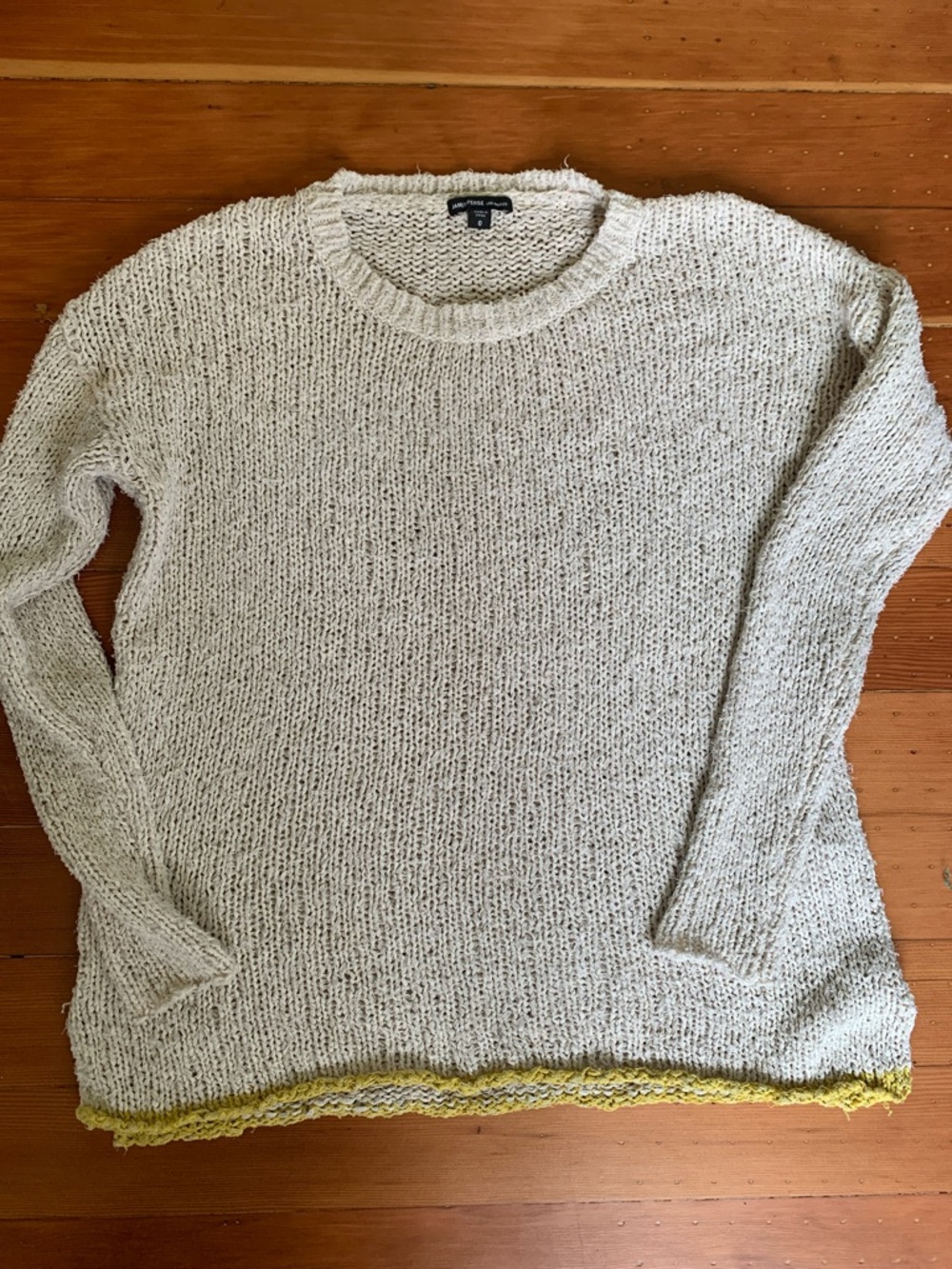 James Perse Cream Knit Crewneck Summer Sweater with Yellow Hem XS 0